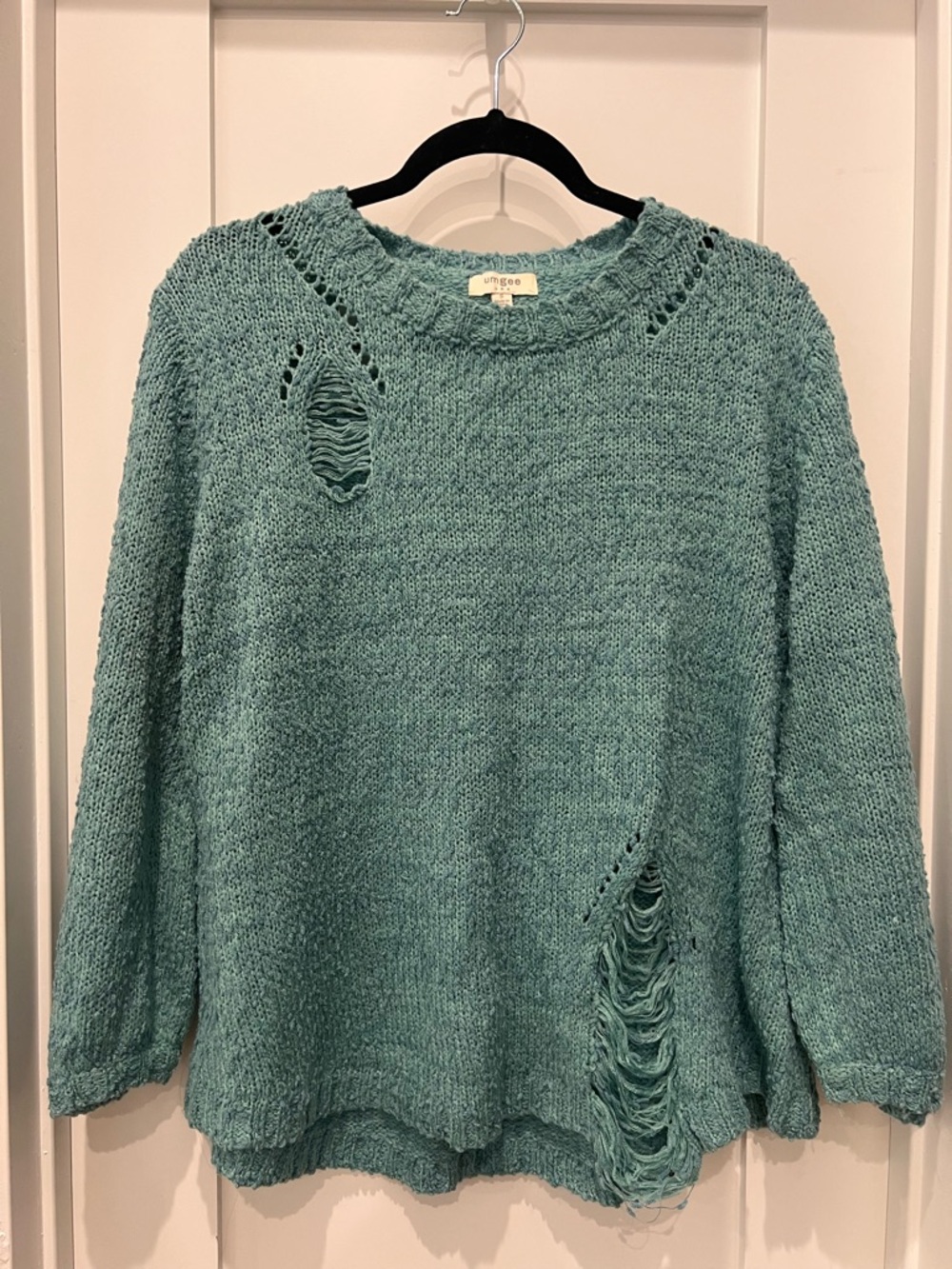 Umgee Teal Distressed Crewneck Sweater
